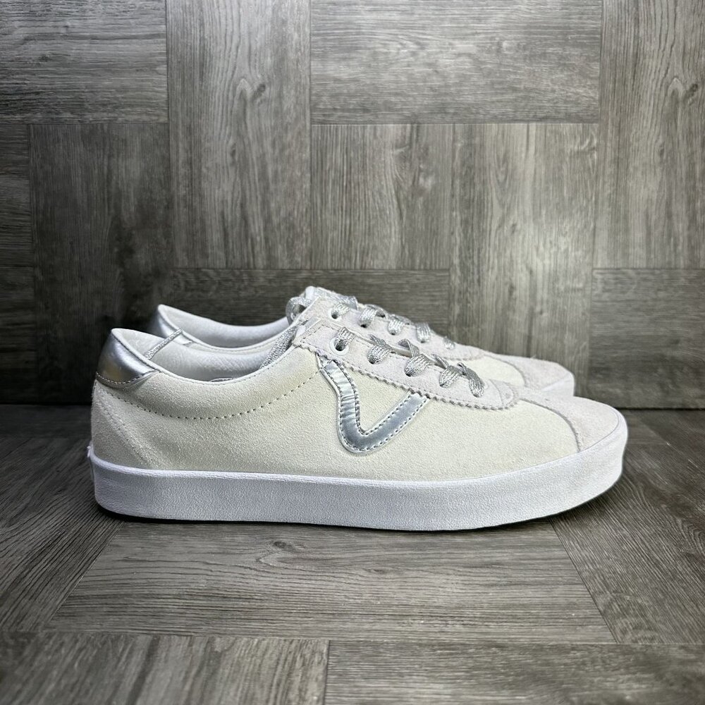 Vans Sport Sneakers Womens 10 Cream Suede Metallic Silver Low Top NEW